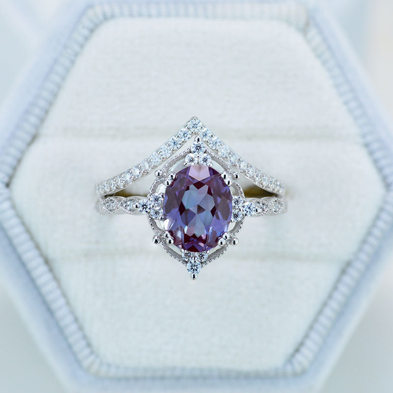 14K White Gold Ring 2CT Oval Vintage Wedding Ring, Oval Alexandrite Halo Engagement Ring Set 14K White Gold Ring 2CT Oval Vintage Wedding Ring, Oval Alexandrite Halo Engagement Ring Set
