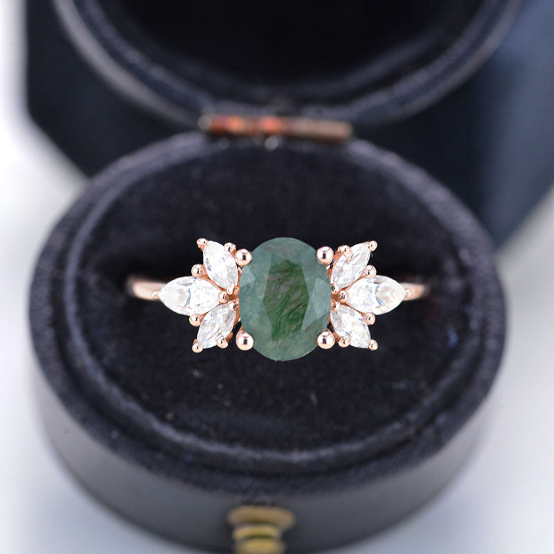 1.5 Carat Oval Green Moss Agate Cluster 14K Rose Gold Ring 1.5 Carat Oval Green Moss Agate Cluster 14K Rose Gold Ring