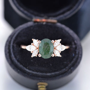 1.5 Carat Oval Green Moss Agate Cluster 14K Rose Gold Ring