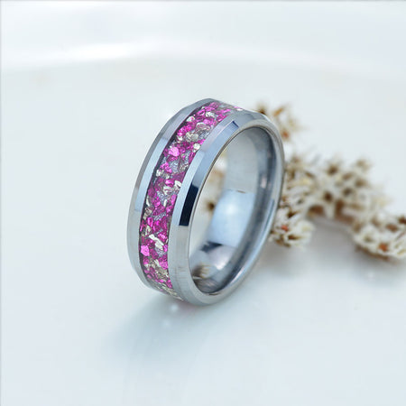 Genuine Crushed Raw Pink Quartz and White Sapphire Men's Tungsten Ring