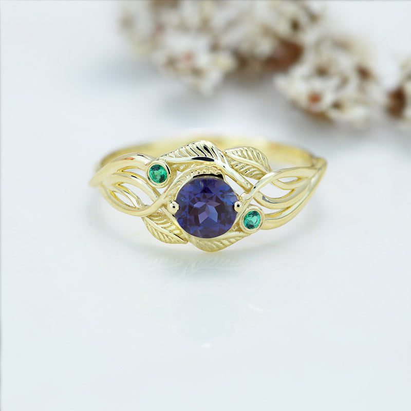 Alexandrite Yellow Gold Engagement Lattice Floral Accented Ring Alexandrite Yellow Gold Engagement Lattice Floral Accented Ring