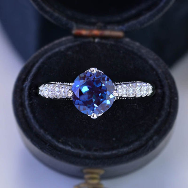 2 Carat Alexandrite & Diamond Round Stud Earrings – 925 Sterling Silver White Gold