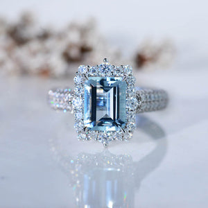 4 Carat Vintage Style 10x8mm Emerald Cut Genuine Aquamarine White Gold Engagement Ring