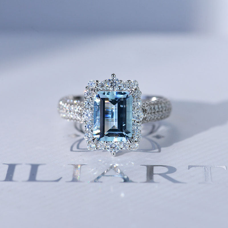 3Ct Genuine Aquamarine Engagement Ring Halo Emerald Step Cut Aquamarine Engagement Ring 3Ct Genuine Aquamarine Engagement Ring Halo Emerald Step Cut Aquamarine Engagement Ring