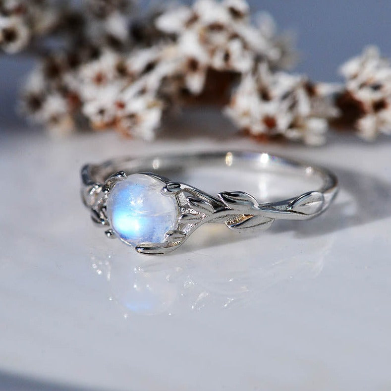 Silver Dainty Natural Moonstone Ring.  Round Moonstone Floral Ring Silver Dainty Natural Moonstone Ring.  Round Moonstone Floral Ring