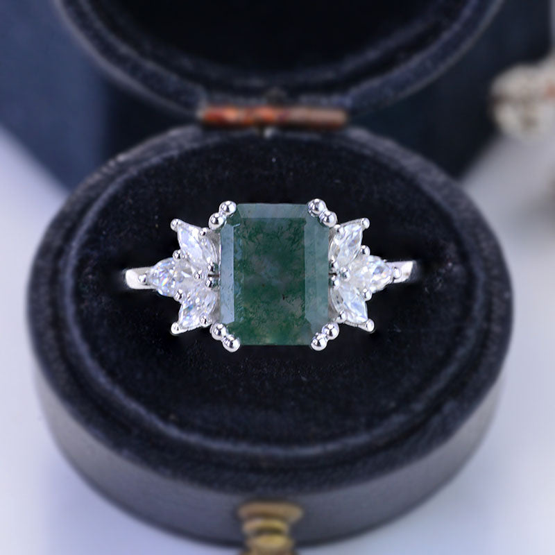 3Ct Moss Agate Engagement Ring, Solitaire Emerald  Cut Moss Agate Engagement Ring 3Ct Moss Agate Engagement Ring, Solitaire Emerald  Cut Moss Agate Engagement Ring