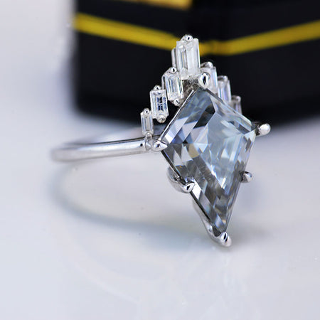 4 Carat Kite Dark Gray-Blue Moissanite Halo Engagement Ring