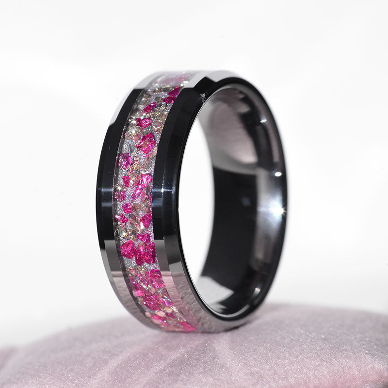 Genuine Crushed Raw Pink Quartz and White Sapphire Men's Tungsten Ring Genuine Crushed Raw Pink Quartz and White Sapphire Men's Tungsten Ring