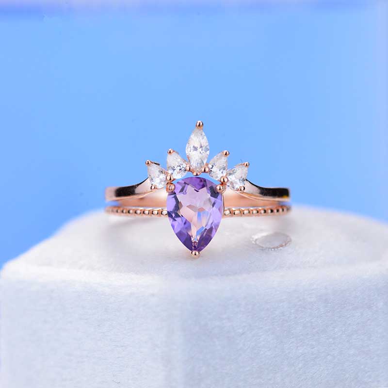 Pear Cut Genuine Amethyst Ring- Two Ring Set Pear Cut Genuine Amethyst Ring- Two Ring Set