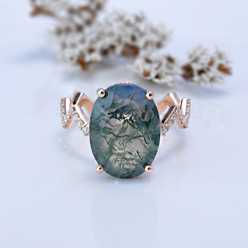 10 Carat Oval Cut 14x10mm Moss Agate Hidden Halo Rose Gold Engagement Ring 10 Carat Oval Cut 14x10mm Moss Agate Hidden Halo Rose Gold Engagement Ring