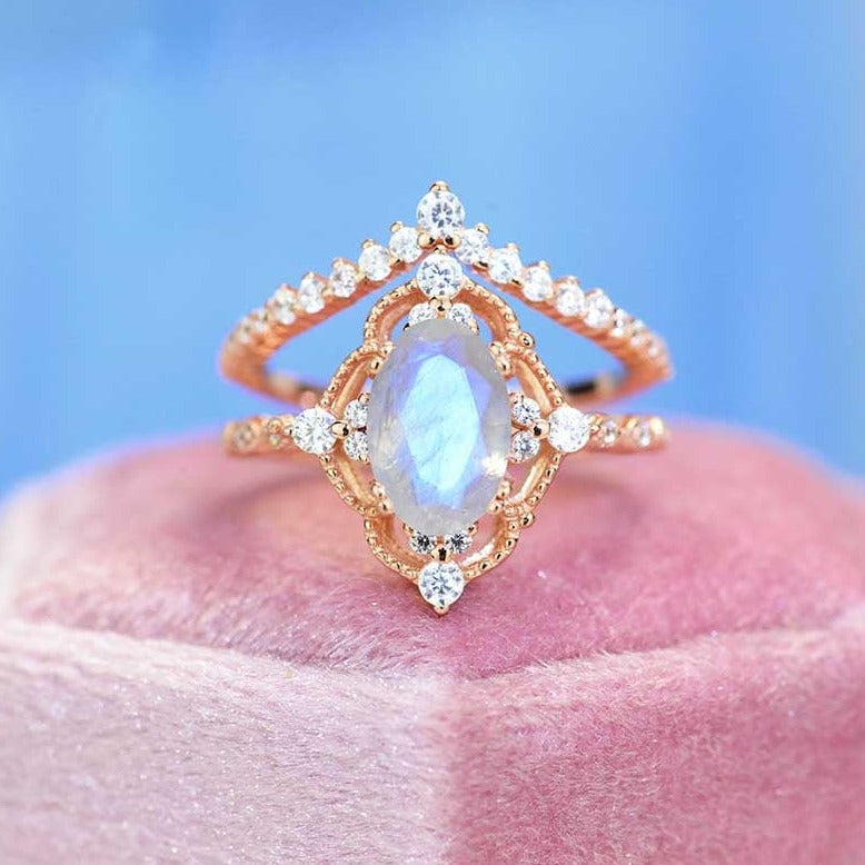 Rose Gold Plated Silver Dainty Natural Moonstone Ring Set, 2ct Oval Cut Moonstone Ring Set, Rose Gold Ring Unique Curved Marquise Cut Ring Rose Gold Plated Silver Dainty Natural Moonstone Ring Set, 2ct Oval Cut Moonstone Ring Set, Rose Gold Ring Unique Curved Marquise Cut Ring