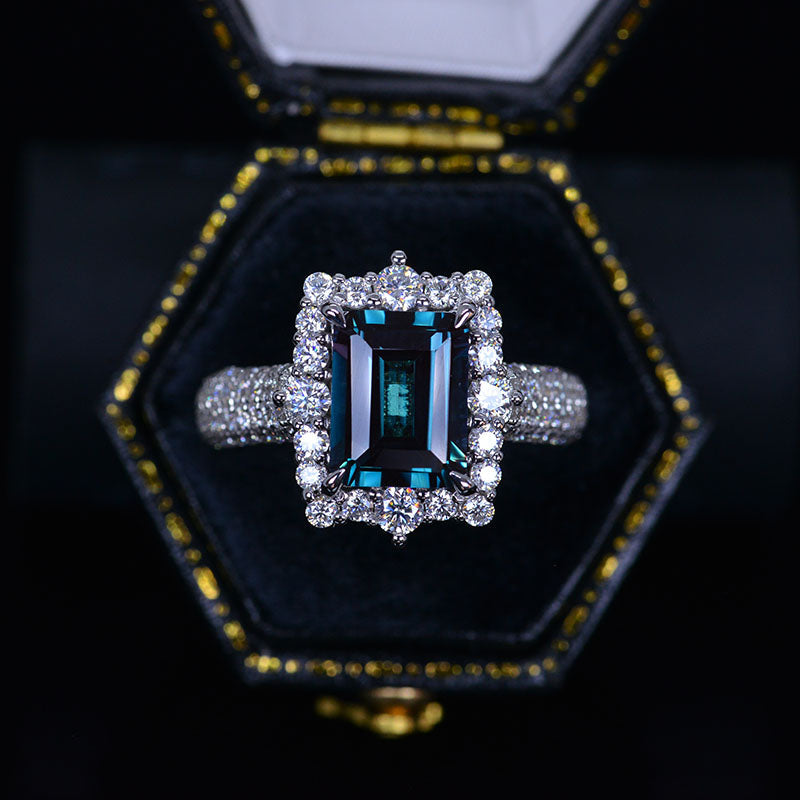 4Ct Alexandrite Engagement Ring Halo Emerald Cut Alexandrite Engagement Ring, 10x8mm Step Cut Alexandrite Engagement Ring with Eternity Band 4Ct Alexandrite Engagement Ring Halo Emerald Cut Alexandrite Engagement Ring, 10x8mm Step Cut Alexandrite Engagement Ring with Eternity Band