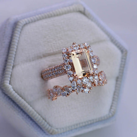 3Ct Natural Morganite Engagement Ring. Halo Emerald Cut Genuine Morganite 14K Rose Gold Engagement Ring Set
