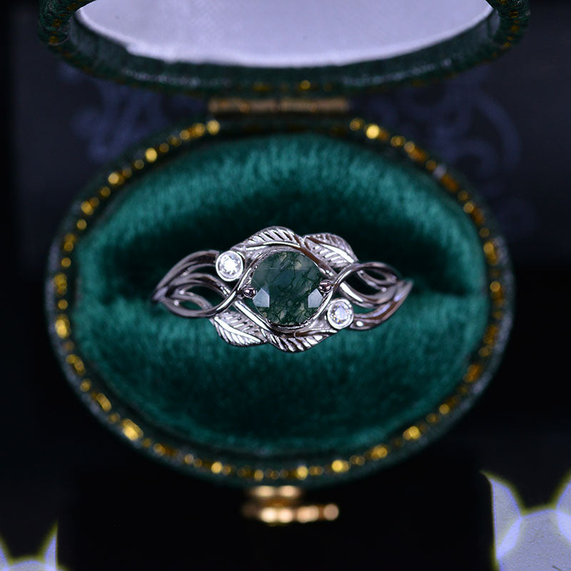 Genuine Moss Agate White Gold Engagement Lattice Floral Accented Ring Genuine Moss Agate White Gold Engagement Lattice Floral Accented Ring