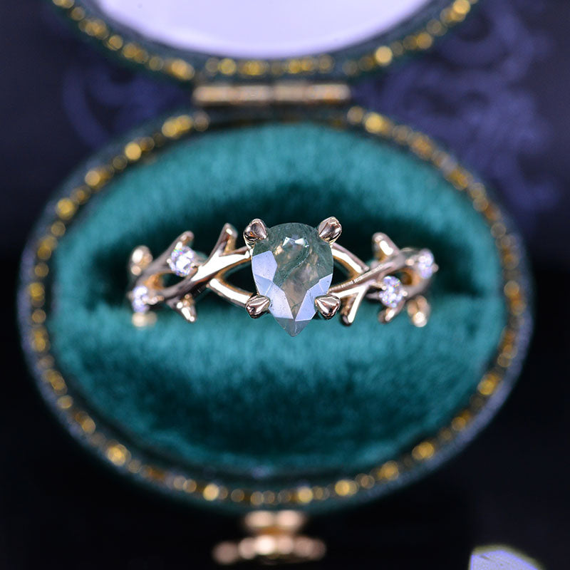 1.5 Carat Genuine Pear Cut Moss Agate Twig Floral White Gold Engagement Ring 1.5 Carat Genuine Pear Cut Moss Agate Twig Floral White Gold Engagement Ring