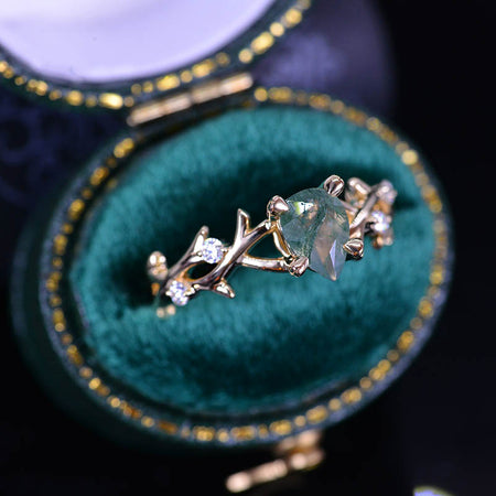 3 Carat Genuine Pear Cut Moss Agate Twig Floral White Gold Engagement Ring