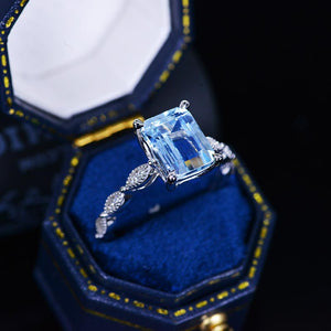 3 Carat Emerald Shape Step Cut Natural Aquamarine Luxury Vintage Ring