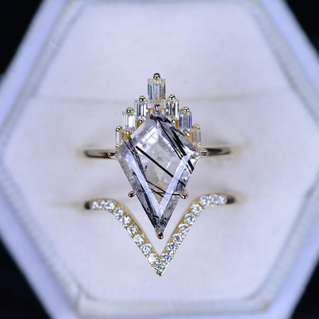 4 Carat Black Rutile Quartz Kite Shape Step Cut, Tourmalated Quartz Halo Gold Engagement Ring, Eternity Ring Set Model 416