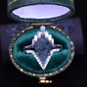 14K White Gold 4 Carat Kite Moss Agate Halo Engagement Ring, Eternity Ring Set