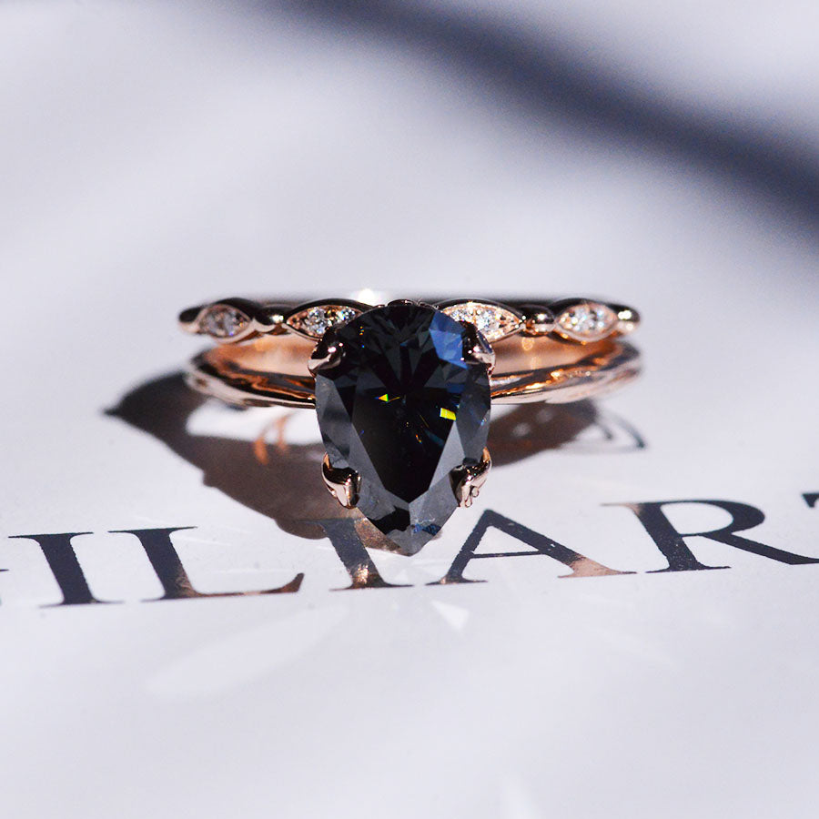 3 Carat Pear Shaped Dark Gray Blue Moissanite  Engagement Eternity Gold Ring Set 3 Carat Pear Shaped Dark Gray Blue Moissanite  Engagement Eternity Gold Ring Set