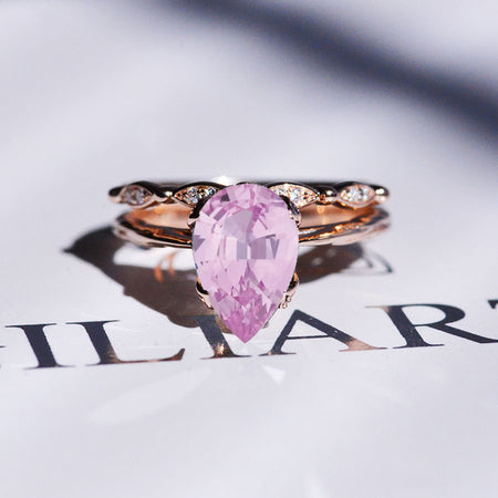 3 Carat Pear Pink Sapphire 14K Rose Gold Engagement. Eternity Ring. Set of Two Rings. Leaf Floral Ring Design