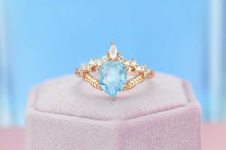 2ct Pear Cut Aquamarine Ring, Rose Gold Ring Unique Curved Marquise Cut Ring