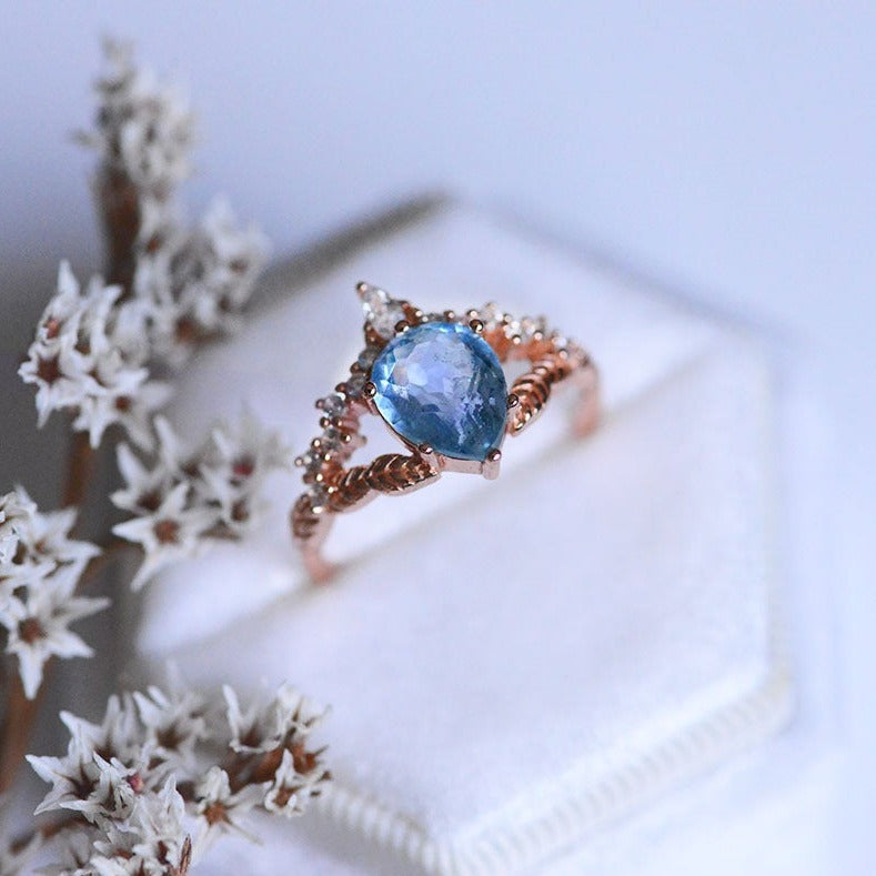 3ct Pear Cut Aquamarine Ring, Floral Rose Gold Ring. Unique Twig  Ring 3ct Pear Cut Aquamarine Ring, Floral Rose Gold Ring. Unique Twig  Ring