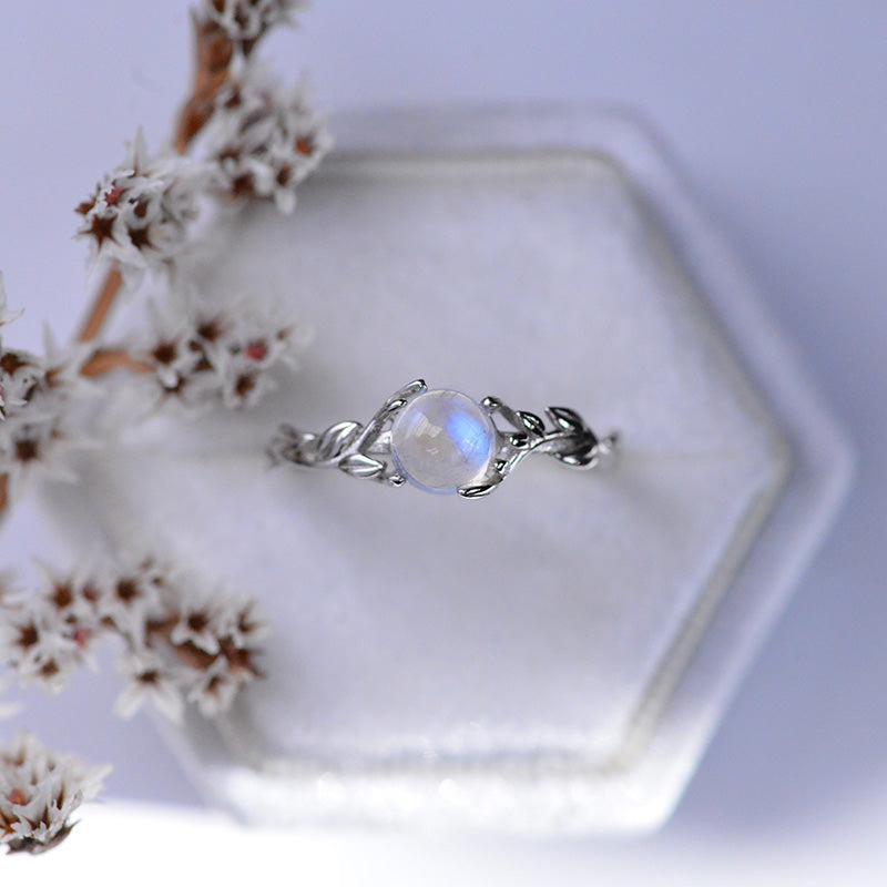 Leaves Natural Moonstone Ring June Birthstone Birthday Silver Floral Ring  Gift For Her Inspired Promise Fashion Leaf Ring Leaves Natural Moonstone Ring June Birthstone Birthday Silver Floral Ring  Gift For Her Inspired Promise Fashion Leaf Ring