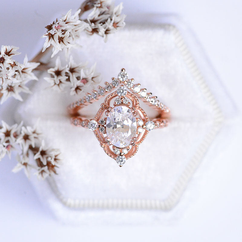 14K Rose Gold Ring 2CT Oval Vintage Wedding Ring, Oval Moissanite Halo Engagement Ring Set 14K Rose Gold Ring 2CT Oval Vintage Wedding Ring, Oval Moissanite Halo Engagement Ring Set