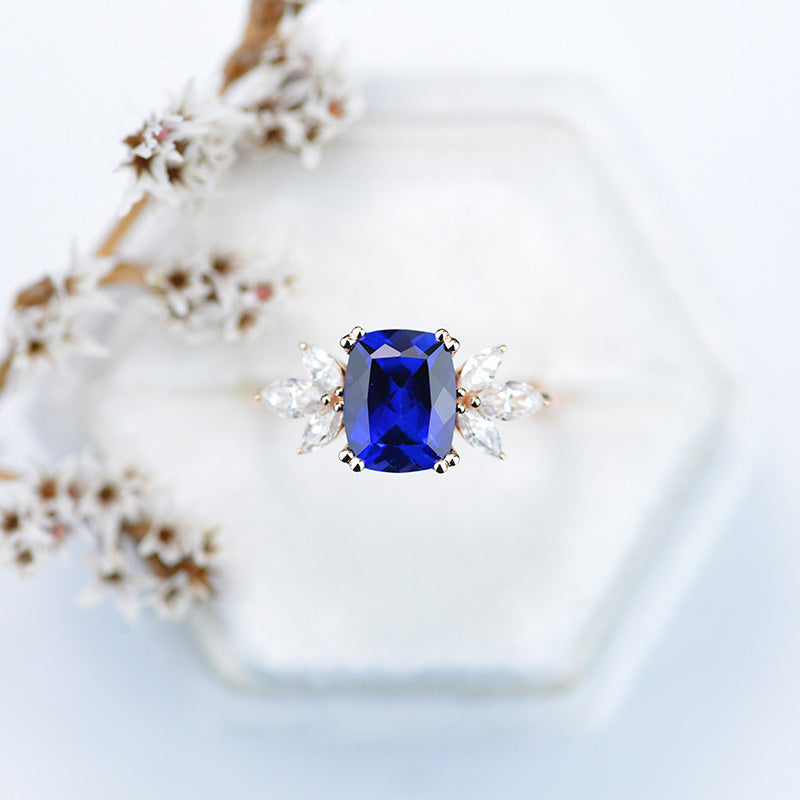 2Ct Cushion Cut Sapphire Vintage Engagement Ring, Cushion Sapphire Engagement Ring, Marquise Side Accents Stones 14K Rose Gold Ring 2Ct Cushion Cut Sapphire Vintage Engagement Ring, Cushion Sapphire Engagement Ring, Marquise Side Accents Stones 14K Rose Gold Ring