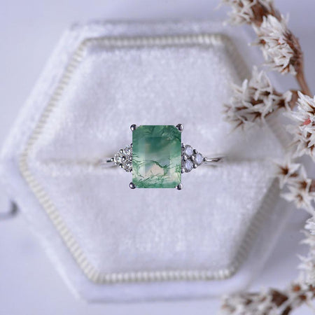 3Ct Emerald Shape Step Cut Genuine Moss Agate ring, Moss Agate solitaire ring, 3 Carat Genuine Moss Agate  Ring, Genuine Moss Agate Vintage Ring