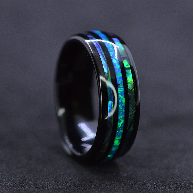 Natural Abalone Shell Blue Opal Men's Black Tungsten Carbide  Ring Natural Abalone Shell Blue Opal Men's Black Tungsten Carbide  Ring