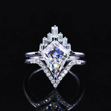 14K White Gold 2.5 Carat Kite Moissanite Halo Engagement Ring, Eternity Ring Set