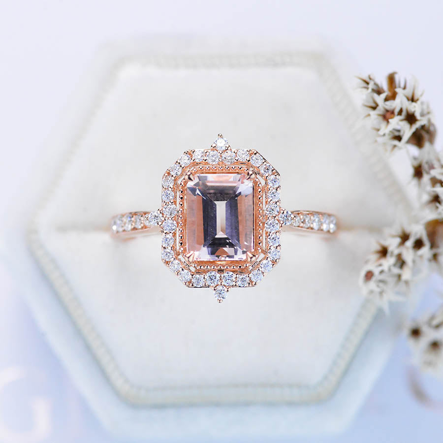3Ct Emerald Step Cut Halo Morganite ring. Morganite ring. Vintage Natural Morganite Ring 3Ct Emerald Step Cut Halo Morganite ring. Morganite ring. Vintage Natural Morganite Ring