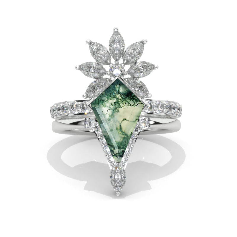 3 Carat Kite Moss Agate Engagement Ring. 3CT Fancy Shape Moss Agate Ring Set 3 Carat Kite Moss Agate Engagement Ring. 3CT Fancy Shape Moss Agate Ring Set
