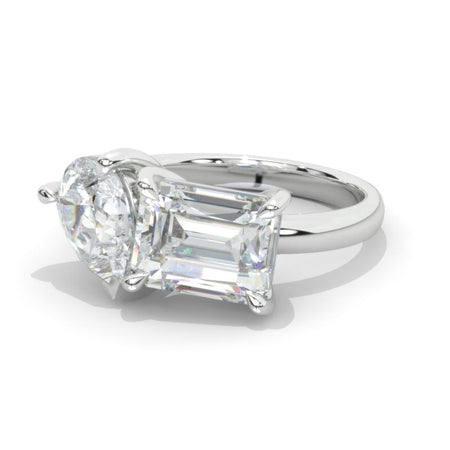 3 Carat Emerald Cut with Pear Cut Paired LAB-Grown Diamond Two-Stone East-West Engagement Ring Model 760