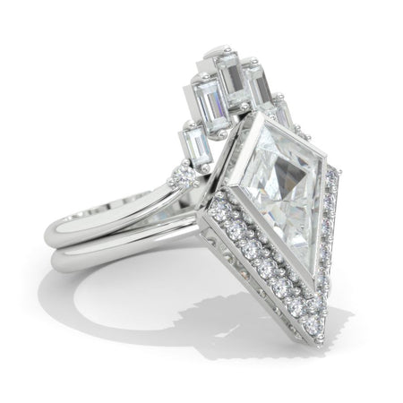2.5 Carat Kite Moissanite Halo Engagement Ring Set. 2.5CT Fancy Kite Shape Bezel Moissanite Ring Set