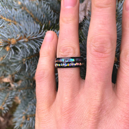 Abalone Shell and Fire Opal Engagement Tungsten Carbide Ring