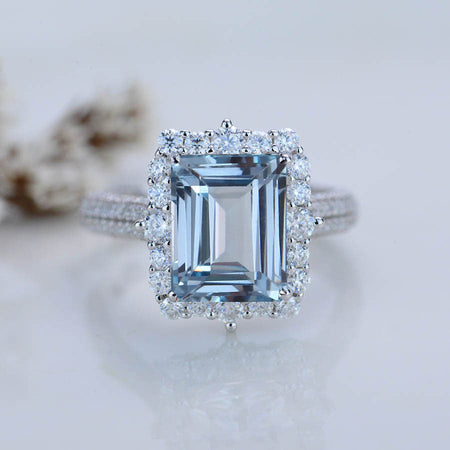 2Ct Genuine Aquamarine Engagement Ring Halo Emerald Step Cut Aquamarine Engagement Ring