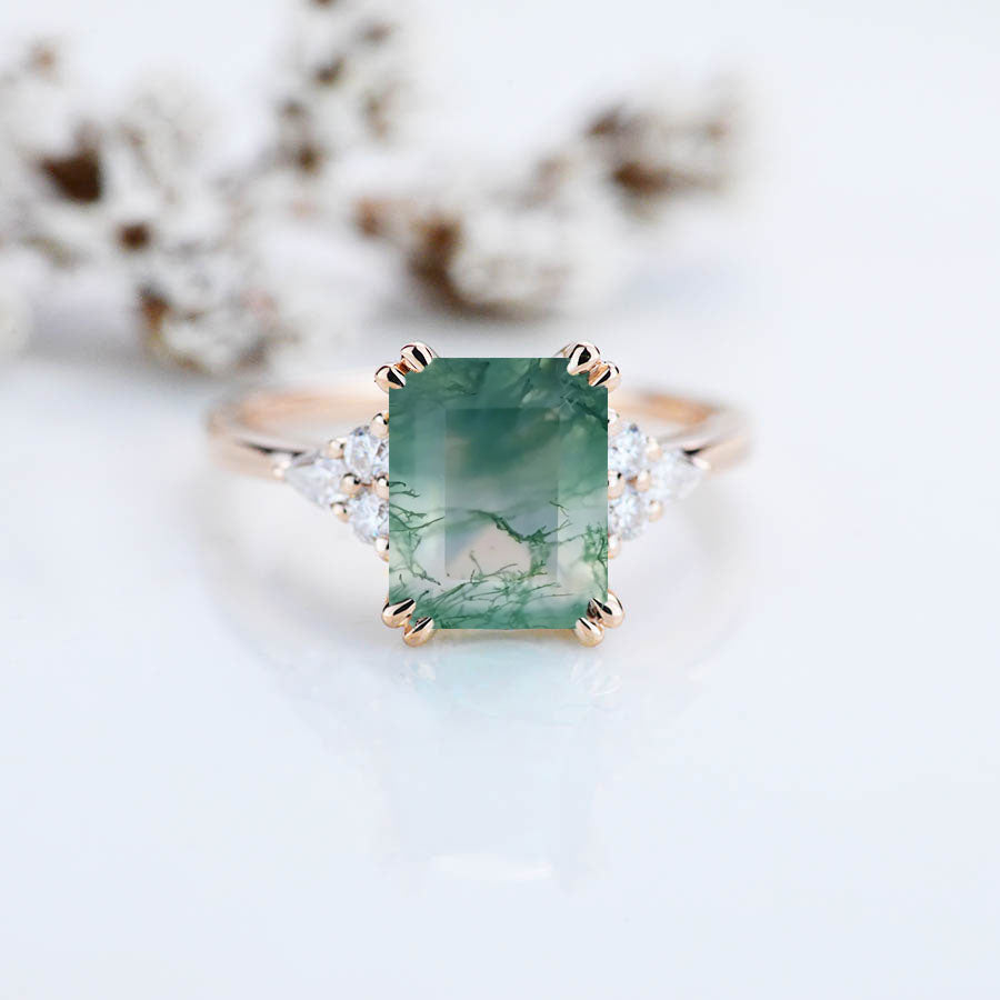 3 Ct Emerald Step Cut Green Moss Agate Vintage Engagement Ring,  Marquise Side Accents Stones 14K Rose Gold Ring 3 Ct Emerald Step Cut Green Moss Agate Vintage Engagement Ring,  Marquise Side Accents Stones 14K Rose Gold Ring
