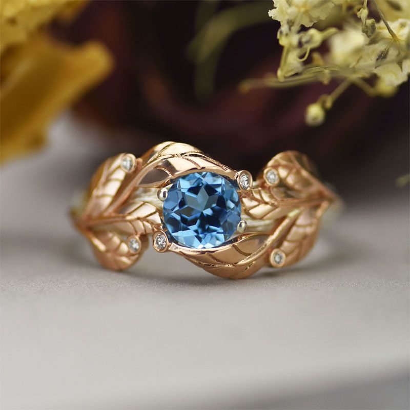 Genuine  Aquamarine Diamond Engagement Ring 14K Rose and White Gold Genuine  Aquamarine Diamond Engagement Ring 14K Rose and White Gold