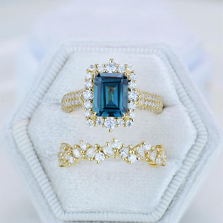 3 Carat Halo Emerald Cut Teal Sapphire 14K White Gold Engagement Ring Set.