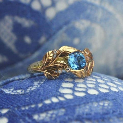 1.0 Carat Blue Aquamarine and Diamond Accents 14K Rose White Gold Engagement Leaf Ring, Leaves Wedding 1.0 Carat Blue Aquamarine and Diamond Accents 14K Rose White Gold Engagement Leaf Ring, Leaves Wedding