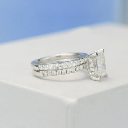 2Ct Moissanite Engagement Ring, Radiant Cut Moissanite Engagement Ring, Moissanite Pave Accents Stones Hidden Halo with Eternity Ring Set