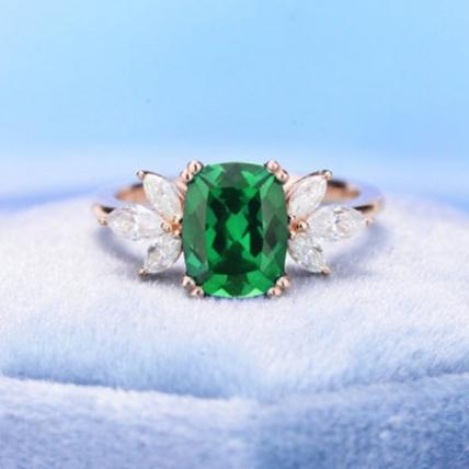 2Ct Cushion Green Moissanite Vintage Engagement Ring, Cushion Moissanite Engagement Ring, Marquise Side Accents Stones 14K Rose Gold Ring 2Ct Cushion Green Moissanite Vintage Engagement Ring, Cushion Moissanite Engagement Ring, Marquise Side Accents Stones 14K Rose Gold Ring