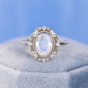 3ct Oval shaped natural Moonstone engagement ring, vintage Bridal solid 14k white Gold Moonstone Moissanite Anniversary Ring. Gift for her