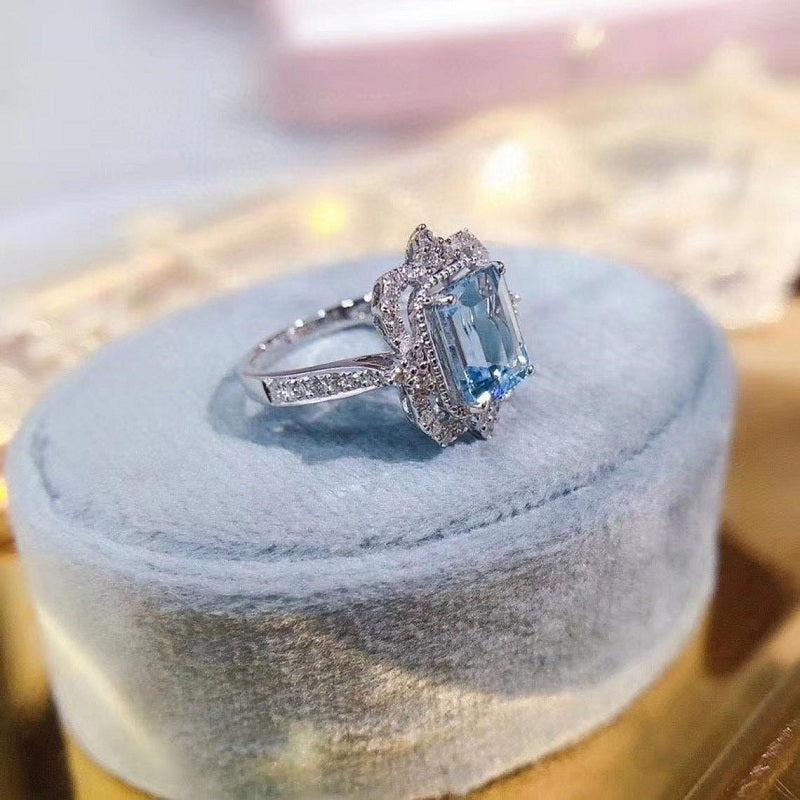 3Ct Emerald cut Halo Aquamarine ring, Aquamarine solitaire ring, natural aquamarine ring, genuine aquamarine emerald cut vintage ring 3Ct Emerald cut Halo Aquamarine ring, Aquamarine solitaire ring, natural aquamarine ring, genuine aquamarine emerald cut vintage ring