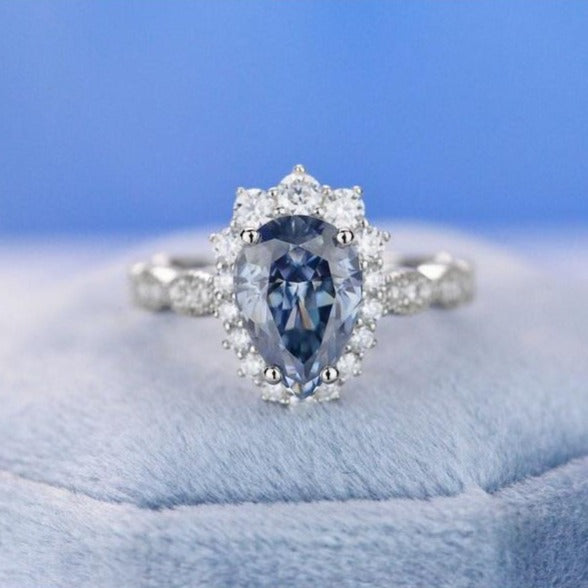 Carat Pear Cut Blue Moissanite Halo 14K White Gold Engagement