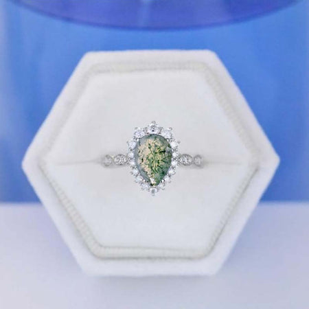 4 Carat Pear Cut Genuine Moss Agate Halo 14K White Gold Engagement Ring