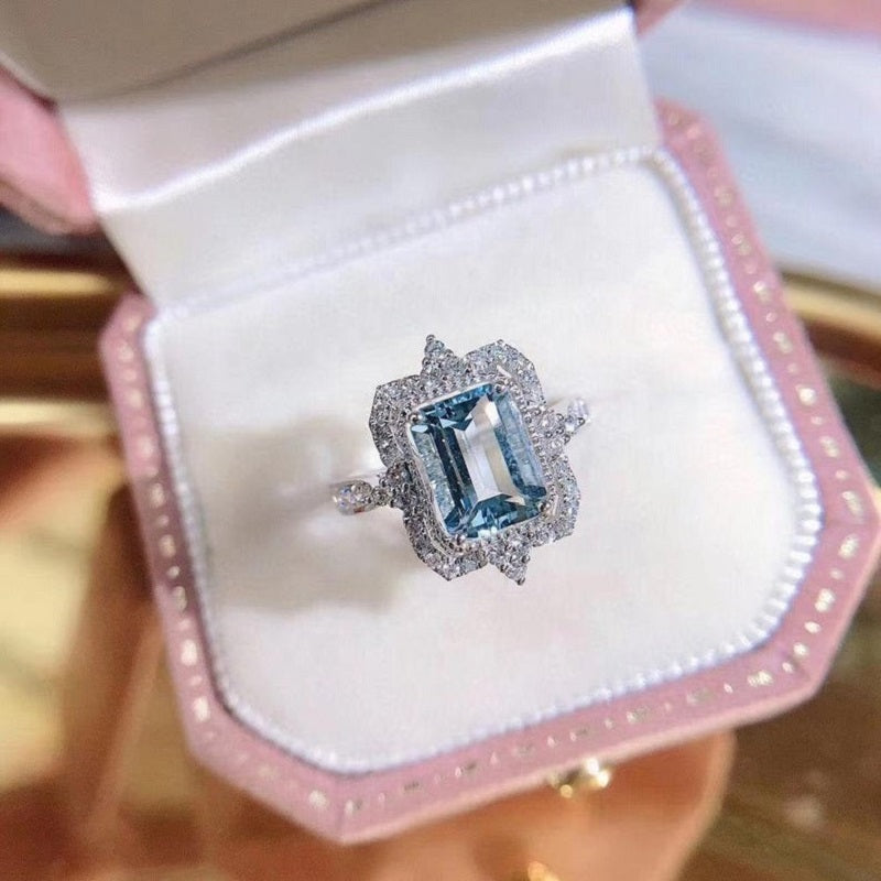 3Ct Emerald cut Halo Aquamarine ring, Aquamarine solitaire ring, natural aquamarine ring, genuine aquamarine emerald cut vintage ring 3Ct Emerald cut Halo Aquamarine ring, Aquamarine solitaire ring, natural aquamarine ring, genuine aquamarine emerald cut vintage ring